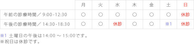 午前の診療時間／9:00-12:30　午後の診療時間／14:30-18:30　※祝日は休診です。